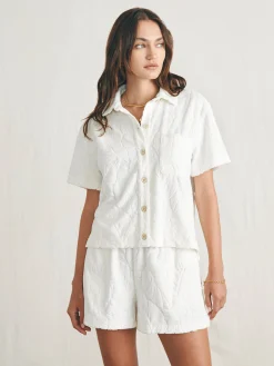 Women Faherty Brand Cabana Towel Terry Short Sleeve Button Up -