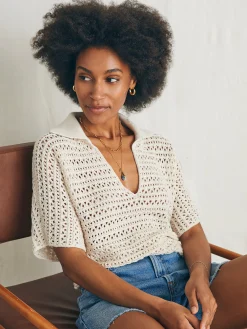 Women Faherty Brand Nusa Crochet Polo Sweater -